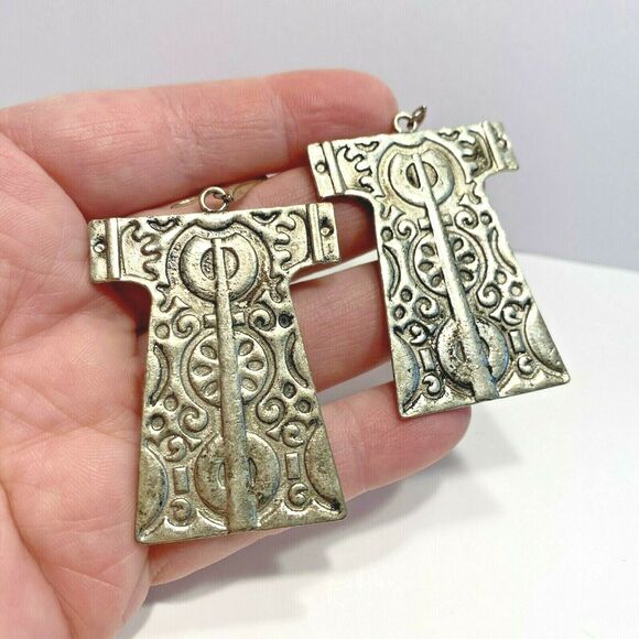 Retro look pierced earrings silver Tiki Kimono style robes drop & dangle Boho - Picture 4 of 4